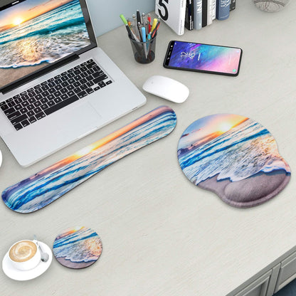 Mouse Pad and Keyboard Wrist Rest Support, with Non-Slip PU Base,Gel Mouse Pad with Coaster,Pain Relief for Gaming, Computer,Office -Beach