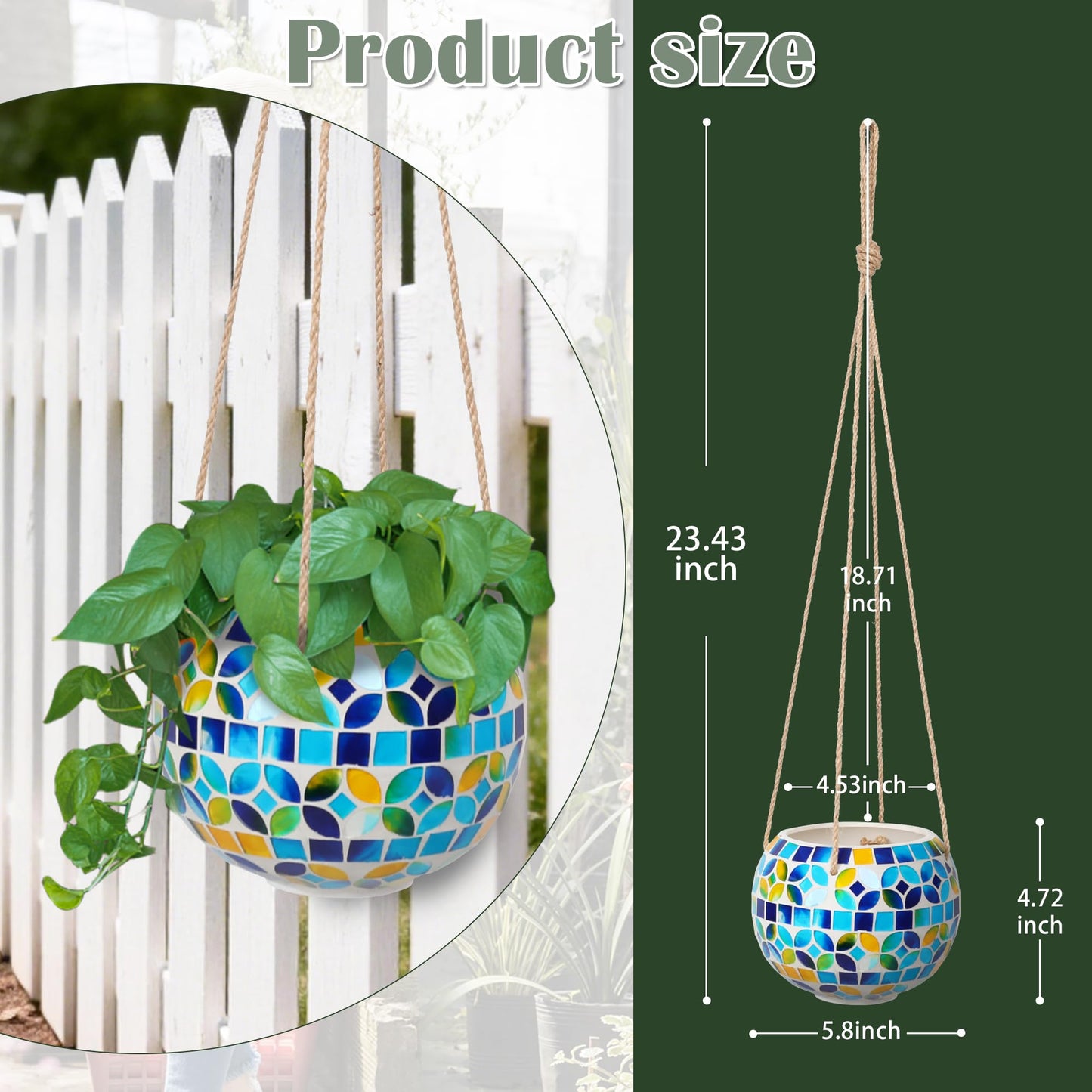 Chonsun Ceramic Hanging Planter Mosaic Hanging Flower Pot Small Plant Pot for Indoor Plant Garden Decor Disco Ball Planter with Drainage Square Blue