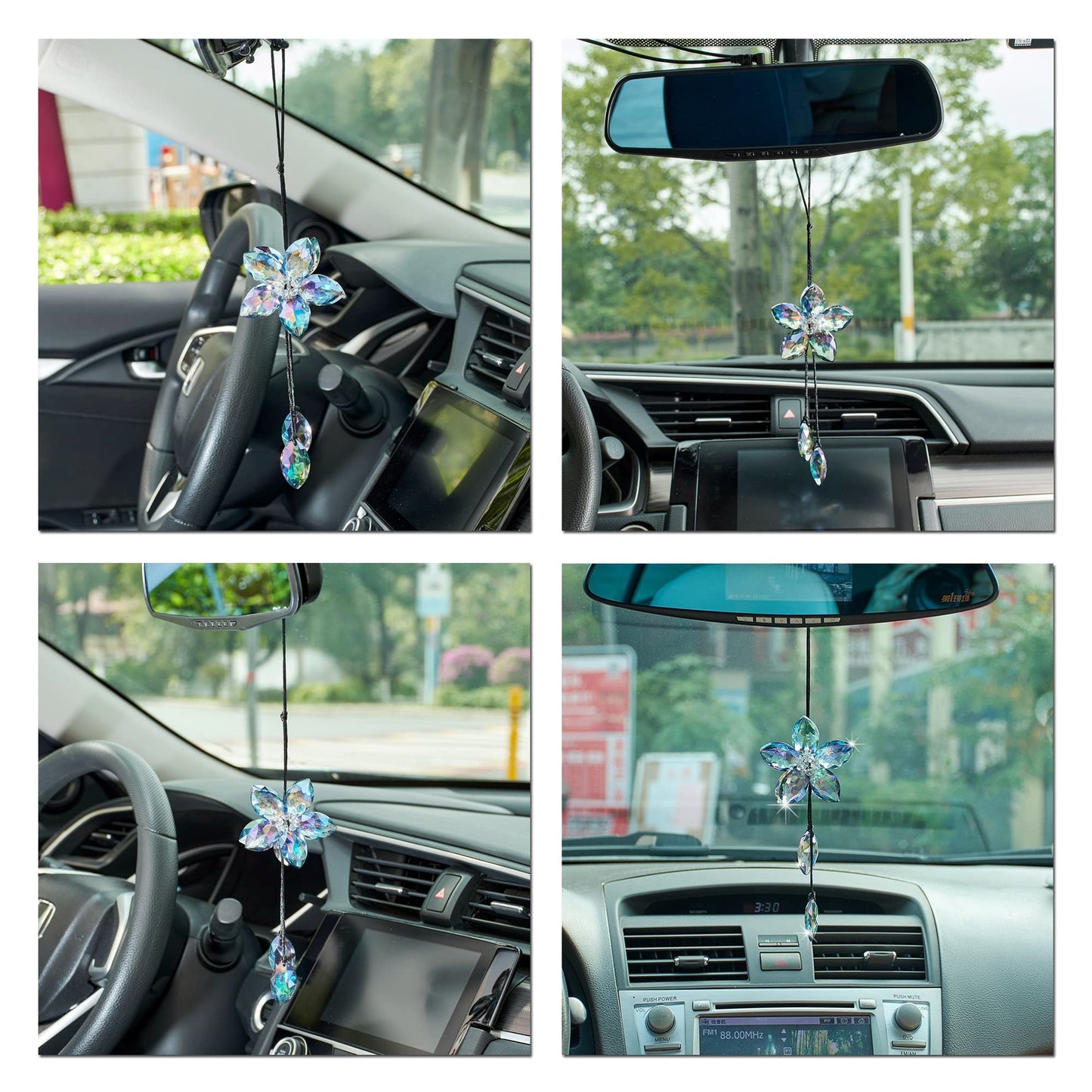 Crystal Flower Rear View Mirror Pendant Car Hanging Ornament Lucky Accessory, Colorful
