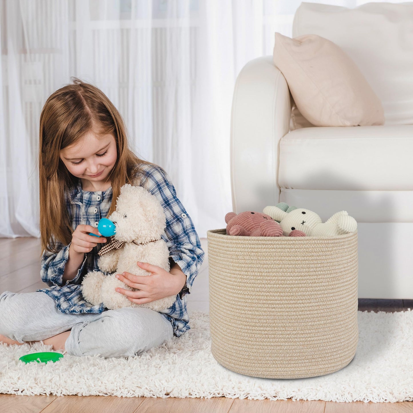 XUANGUO Cotton Rope Basket For Girls Boys Kids 16”X14” Baby Laundry Basket Nursery Bin Round Woven Baskets Organizer For Storage Toys Blankets Shoes Clothes oatmeal