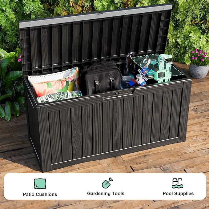 90 Gallon Waterproof Resin Deck Box, UV Resistant Outdoor Storage for Garden, Patio, Porch, Delivery（Black，90 Gallon）