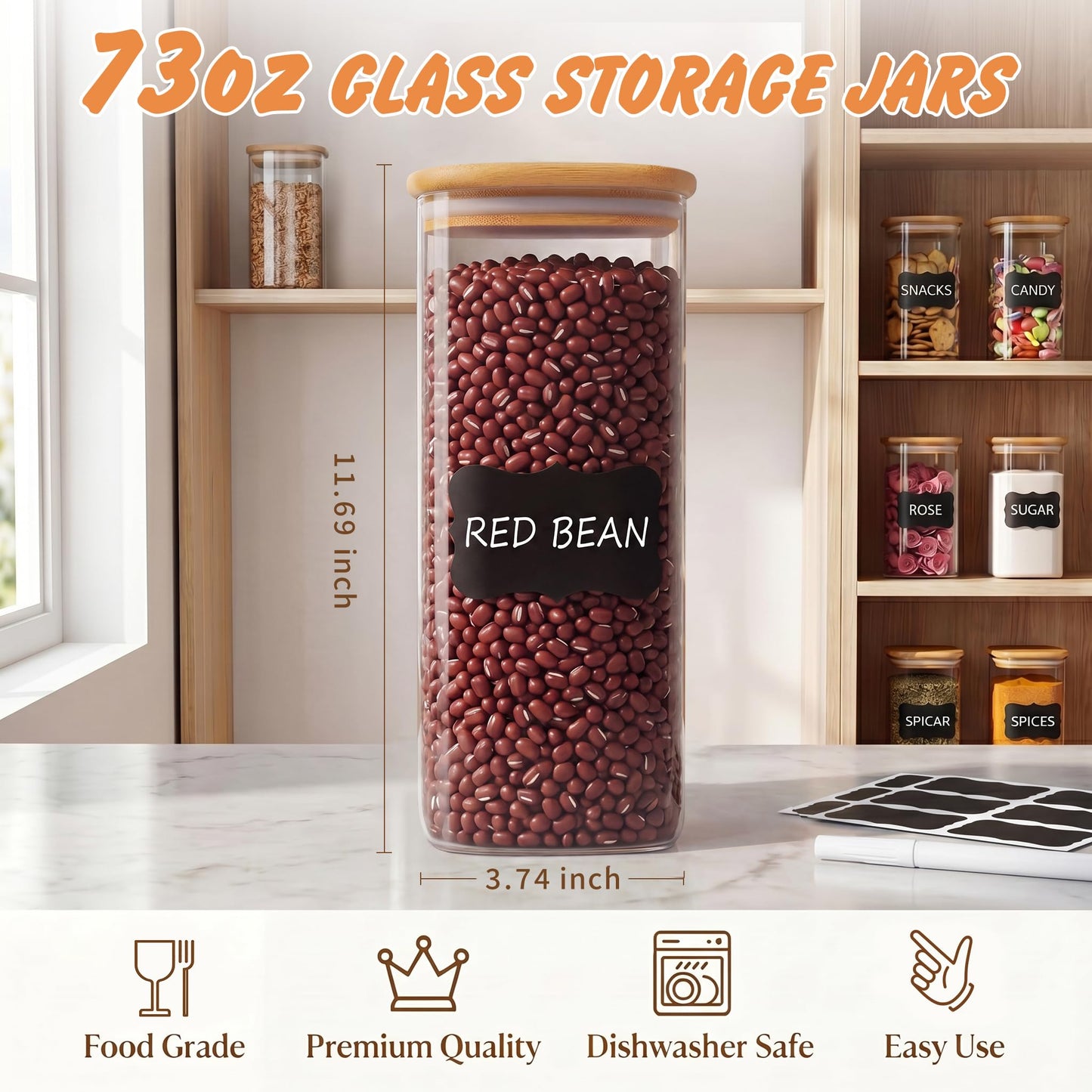 SENTVEND 73 Oz Glass Storage Jars with Bamboo Lids - 3 Pack Clear Glass Canisters Square Airtight Stackable Ideal for Pantry Storage Containers Great for Storing Oats Coffee Beans Pasta Flour Rice etc