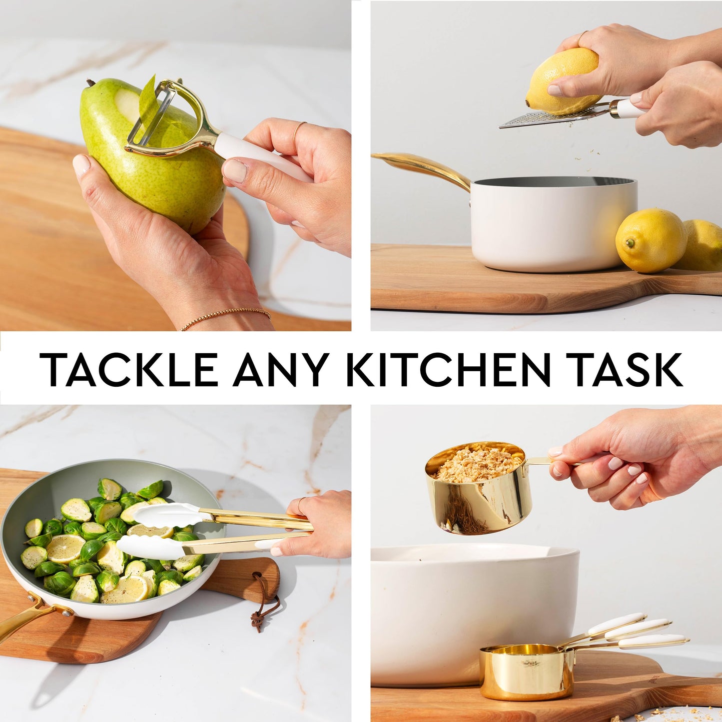 White & Gold Cooking Utensils Set - Luxe 8-Piece Kitchen Gadget Set Includes Can Opener, Tongs and Garlic Press - Stylish White and Gold Kitchen Accessories for Modern Kitchens, Ideal for Gifting