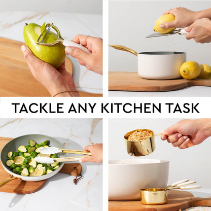 White & Gold Cooking Utensils Set - Luxe 8-Piece Kitchen Gadget Set Includes Can Opener, Tongs and Garlic Press - Stylish White and Gold Kitchen Accessories for Modern Kitchens, Ideal for Gifting