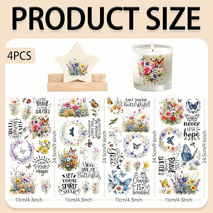 4 Sheets Rub on Transfers for Crafts, Flowers and Butterflies Furniture