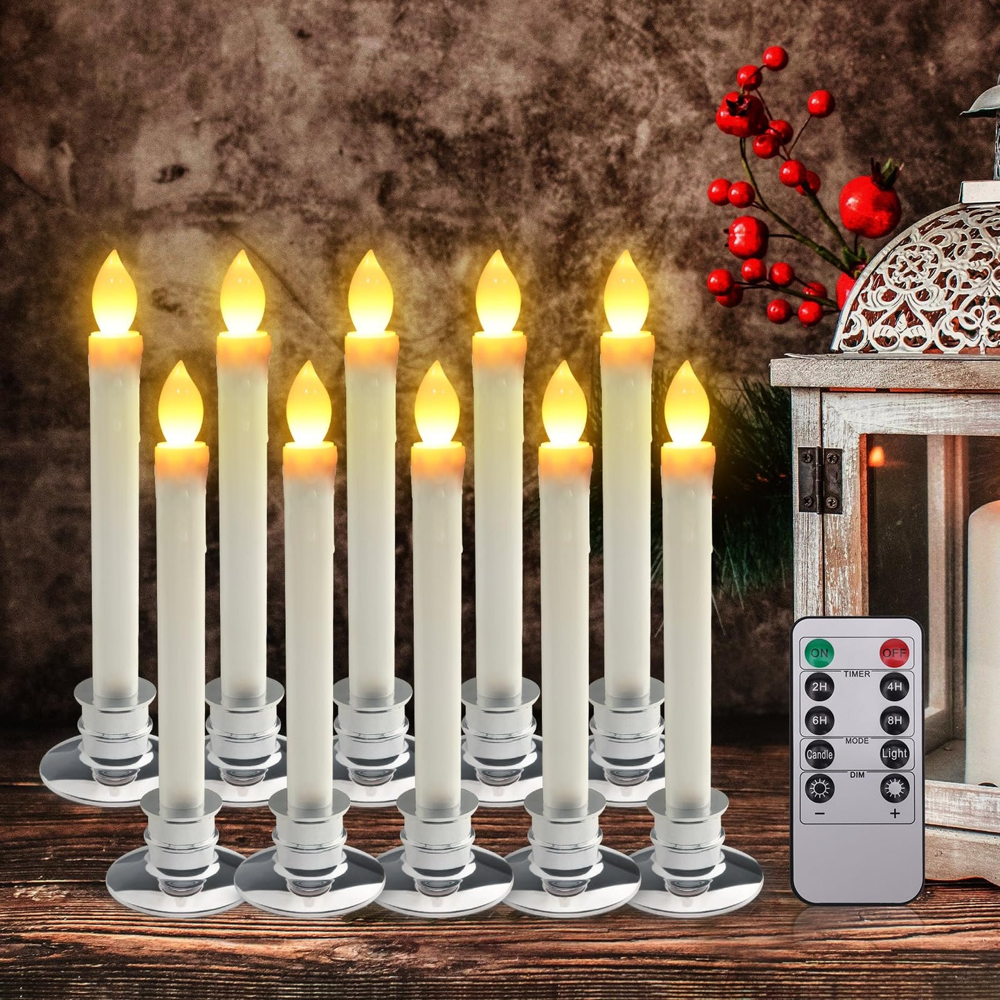 LED Flameless Window Candles With Remote Timer Sliver Base 10 PCS Battery Operated Flickering Taper Candle Lights With Removable Sliver Candle Holders Best Gift For Xmas Wedding Home Dinner Décor