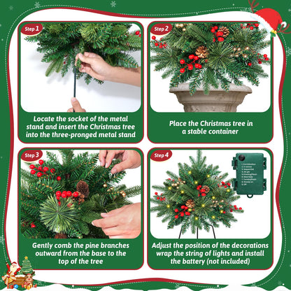 24 Inch Christmas Tree Urn Filler Set of 2, Lighted Xmas Trees with Pine Cones Berries, Christmas Outdoor Decorations for Home Porch Yard