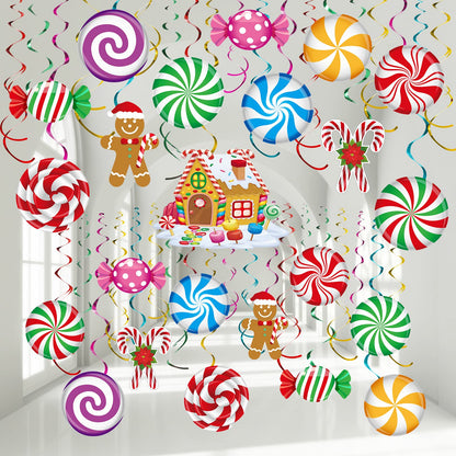 Zomiboo 53 Pcs Christmas Hanging Swirls Decorations Christmas Candy Gingerbread Man Truck Red Cardinals Christmas Ceiling Decor Ornaments for Christmas Tree Xmas Holiday Party(Candy)