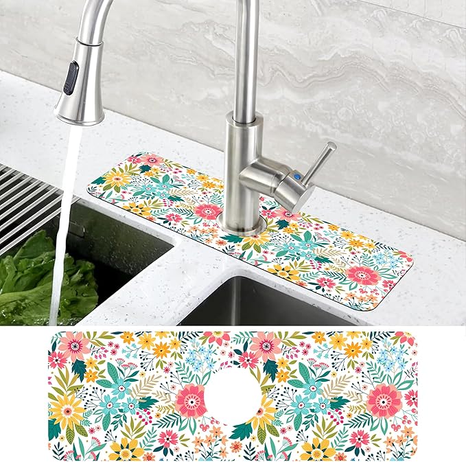 Colorful Floral Leaves Berries Kitchen Sink Splash Guard Mat Absorbent Fast