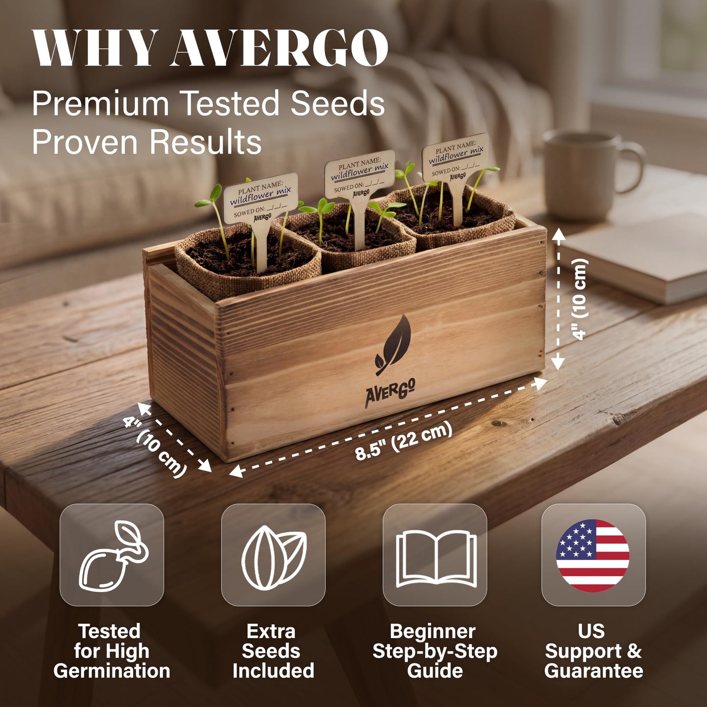 AVERGO Wildflower Seed Mix Growing Kit - Perennial Wild Flowers | Ideal Gift for Mother's Day - Also Includes Planters, Soil, Wooden Box, and Gardening Tools for Indoor Garden and Patio Planting