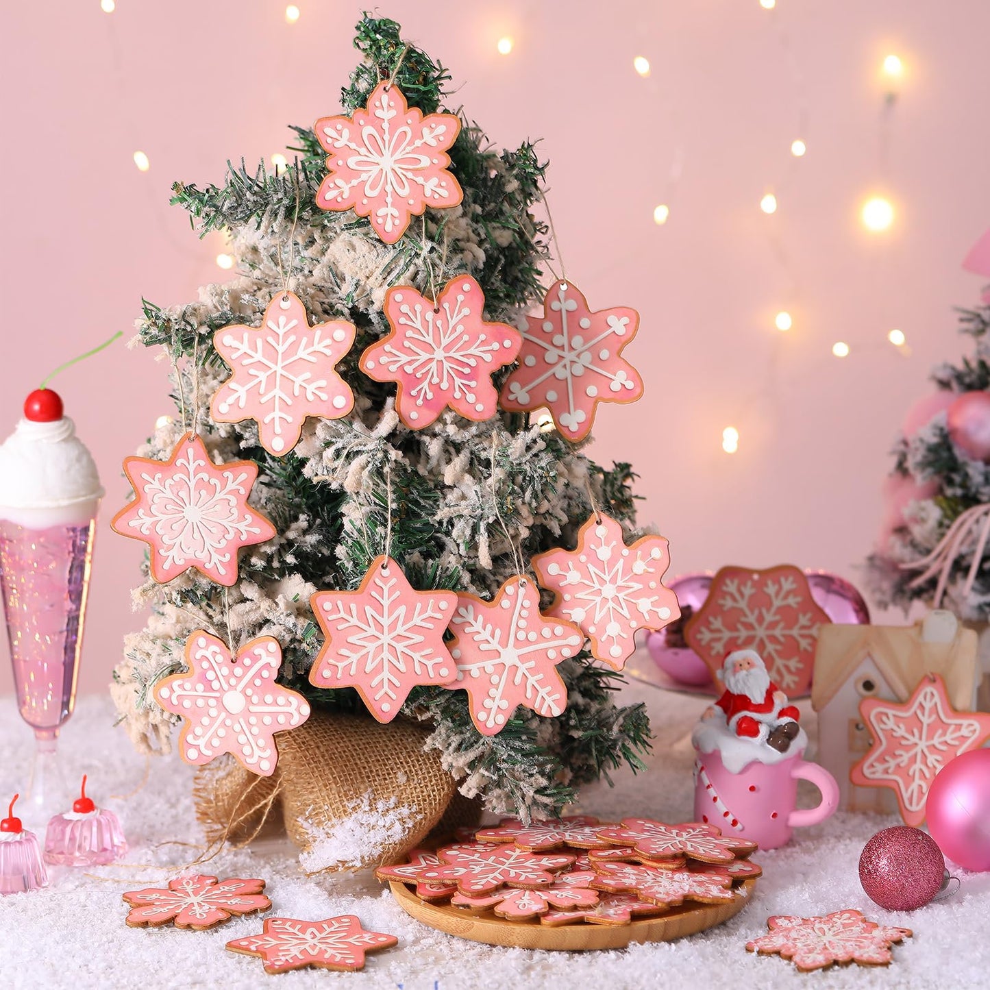 Quzzil 36 Pcs Christmas Gingerbread Ornaments for Tree Mini Snowflake Wooden Hanging Winter Xmas Ornaments with Ropes for Christmas Party Holiday Winter Crafts(Pink,36 Pcs,Snowflake)