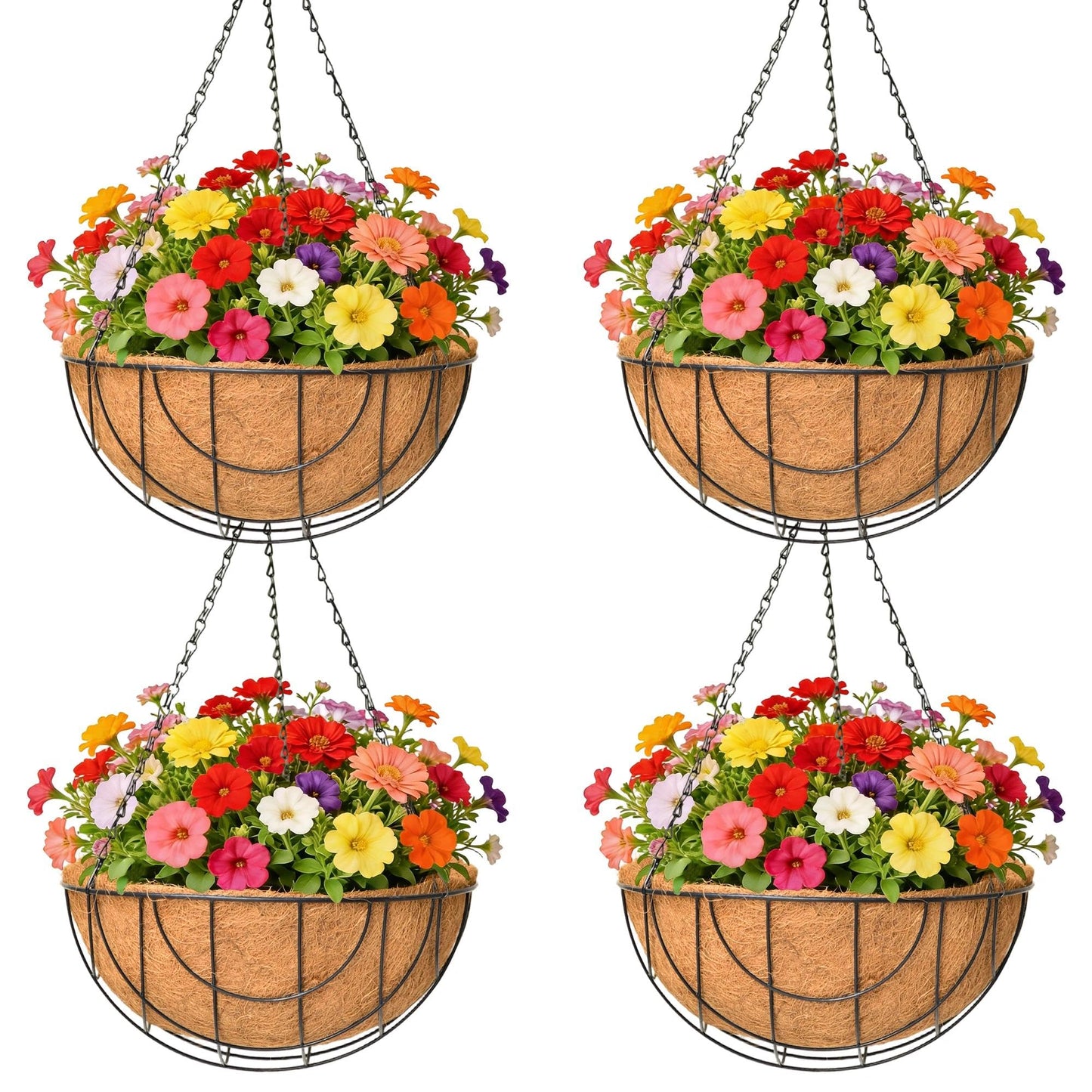GYATSOCYG 4 Pack 14 Inch Metal Hanging Planter Basket，Natural Round Coconut Hanging Plant Flower Pot，Coconut Coir Planter for Hanging Basket Flowers/Vegetables Home Garden Patio Decoration Earth