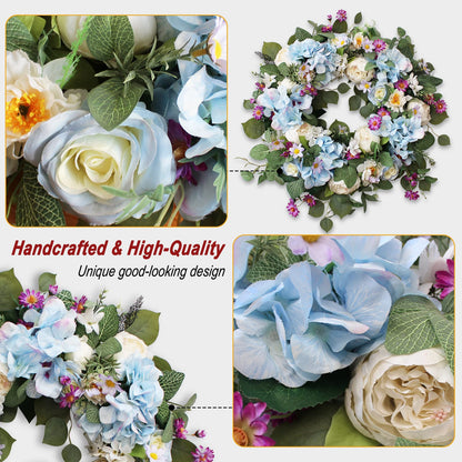 24 Inch Spring Wreaths for Front Door, Spring Wreath,Blue Hydrangea Wreath,Large Spring Summer Door Wreaths for Front Door Outside All Season Home Decor (Blue)