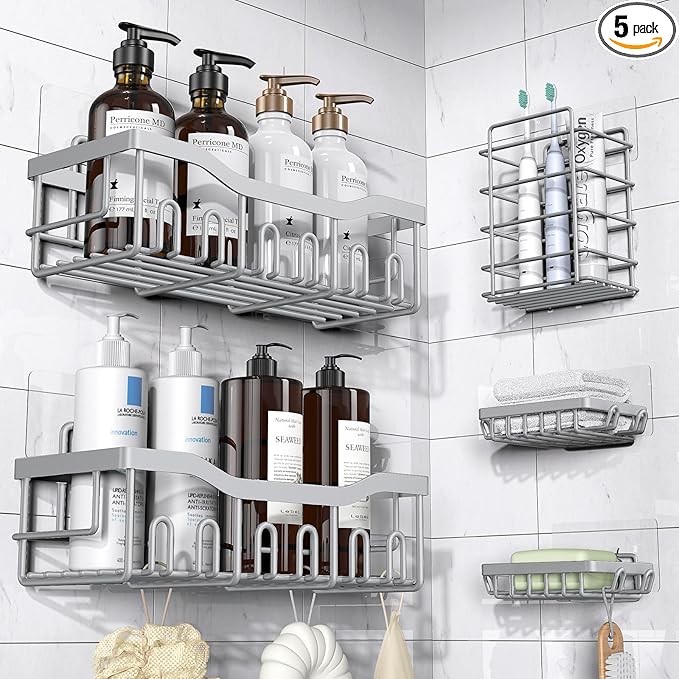 EUDELE 5-Pack Rustproof Stainless Steel Shower Caddy – No Drill Adhesive