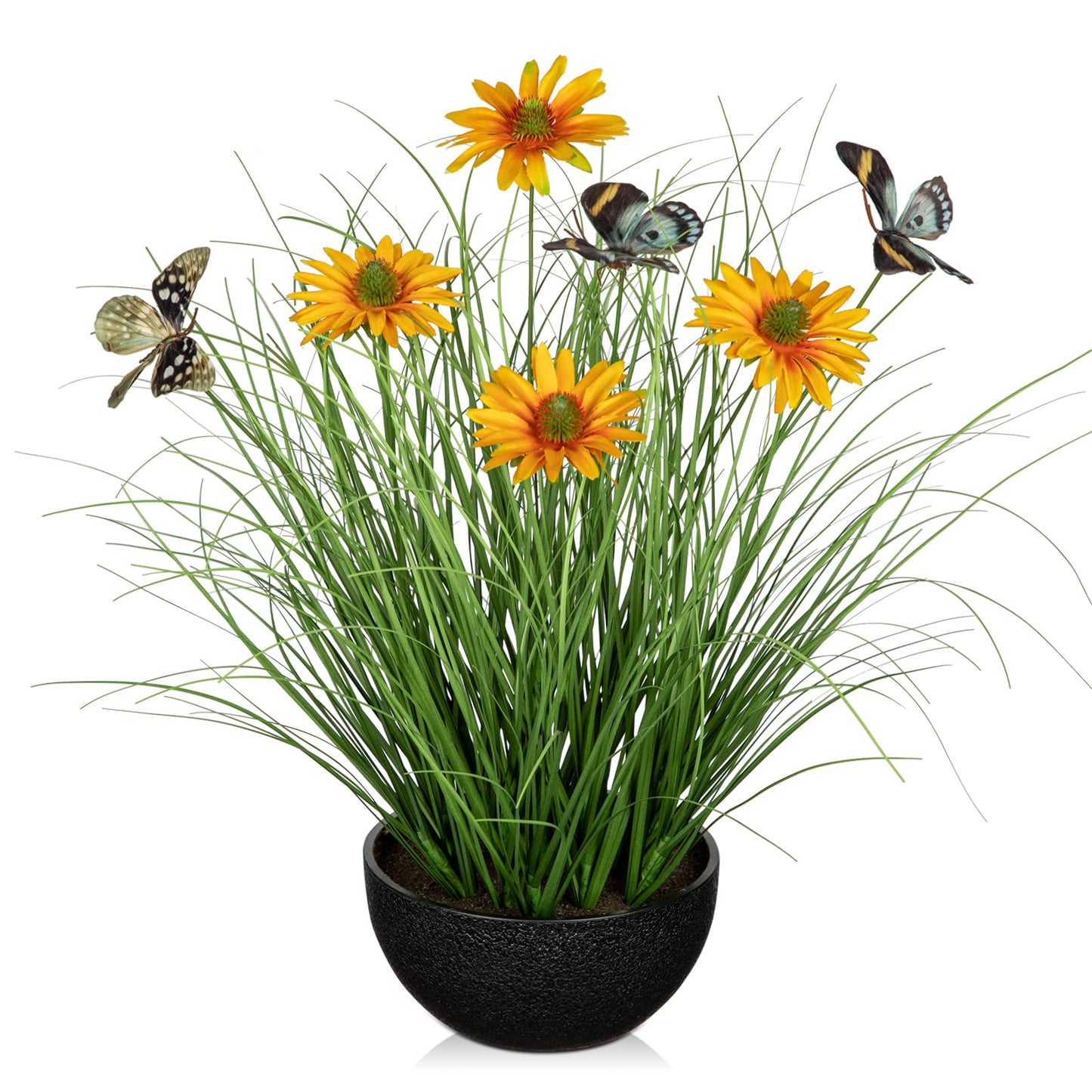 Artificial Plants Indoor with Pot, 17.3" Fake Potted Plants Artificial Onion Grass Plant with Yellow Daisies Flowers and Butterflies Small Faux Plant Indoor for Home Living Room Table Shelf Decor