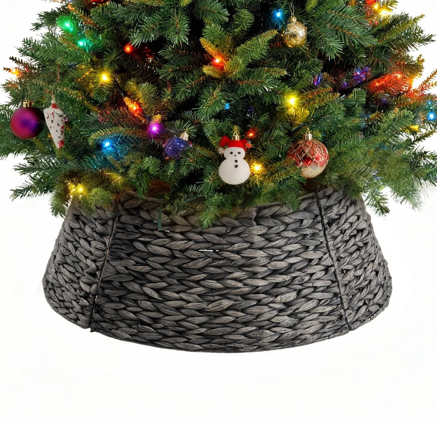 Sweetcrispy 24inch Christmas Tree Collar for 4.5-6ft Trees, Woven Hyacinth Rattan 4-Panel Collar w/Cord Access Hole & Easy Lock Design, Handwoven, Black