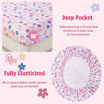 CozySmile Full Sheet Set Kids,4 Pieces Breathable Soft Microfiber Bedsheets for Child Girls, Oeko-TEX, Anti Pilling Deep Pockets Easy Care Bed Sheets, Heart