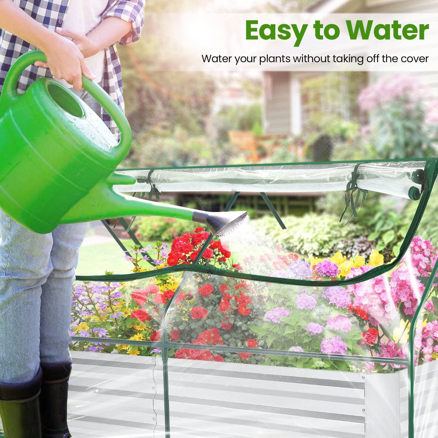 SEJOV 6x3x1ft Galvanized Raised Garden Bed with Cover & 2 Large Windows, Mini Greenhouses for Outdoors, Metal Planter Box Kit for Vegetables Flowers Herbs, 1 Pair of Gloves Included, Clear