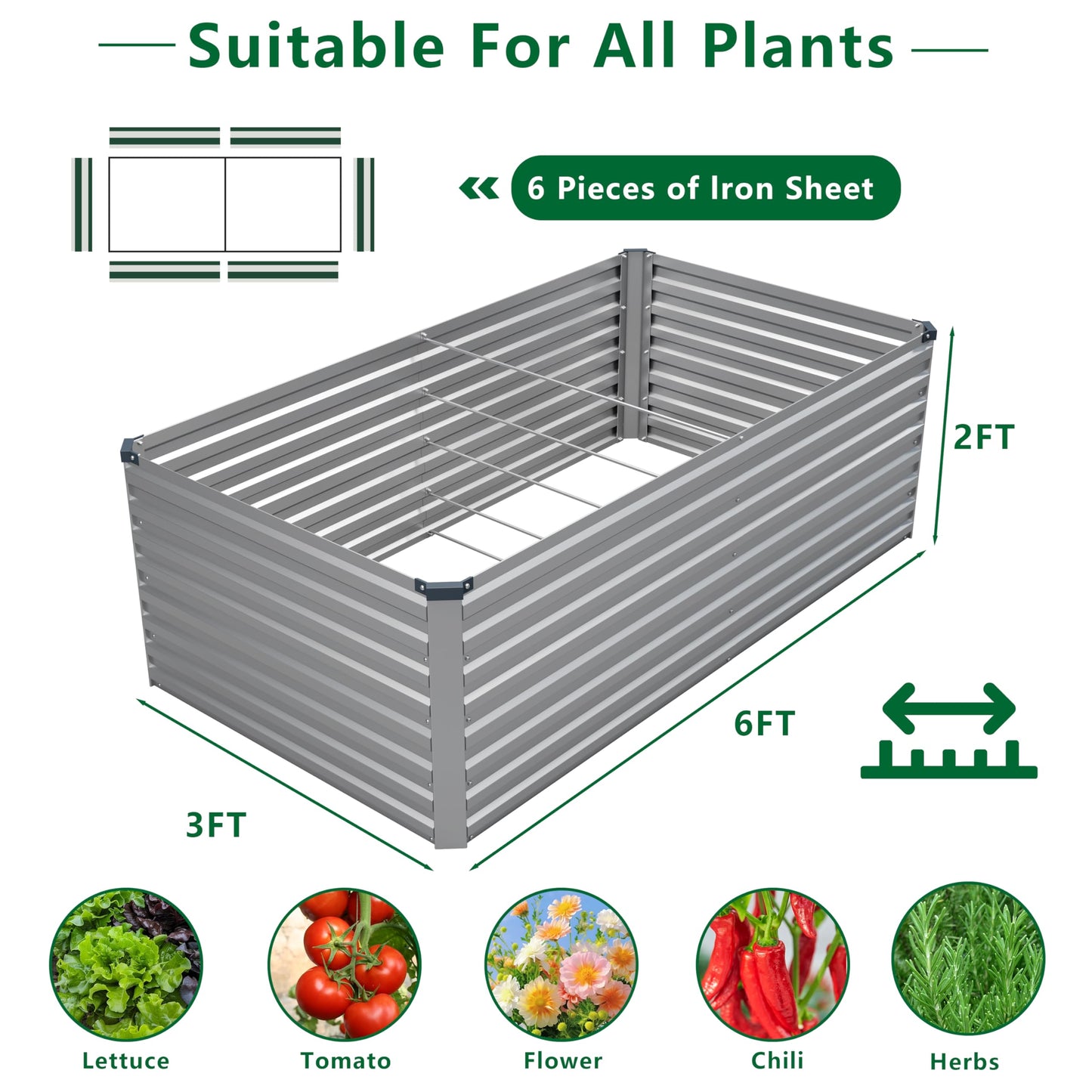 DIIYIV Galvanized Raised Garden Bed Kit Outdoor Patio,6x3x2ft Large Rectangular Metal Planter Boxes,Deep Root Box Planter for Gardening,Vegetables,Flowers,Herbs-Silver