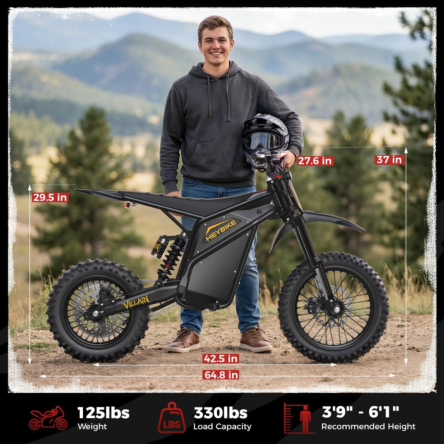Heybike Villain Electric Dirt Bike, 4160W E Dirt Bike with 52V 26AH Battery, 14"/12" Fat Tire Electric Motorcycle for Teens, Max 45MPH Ebike with Reversing Function（Standard; Inky Black）