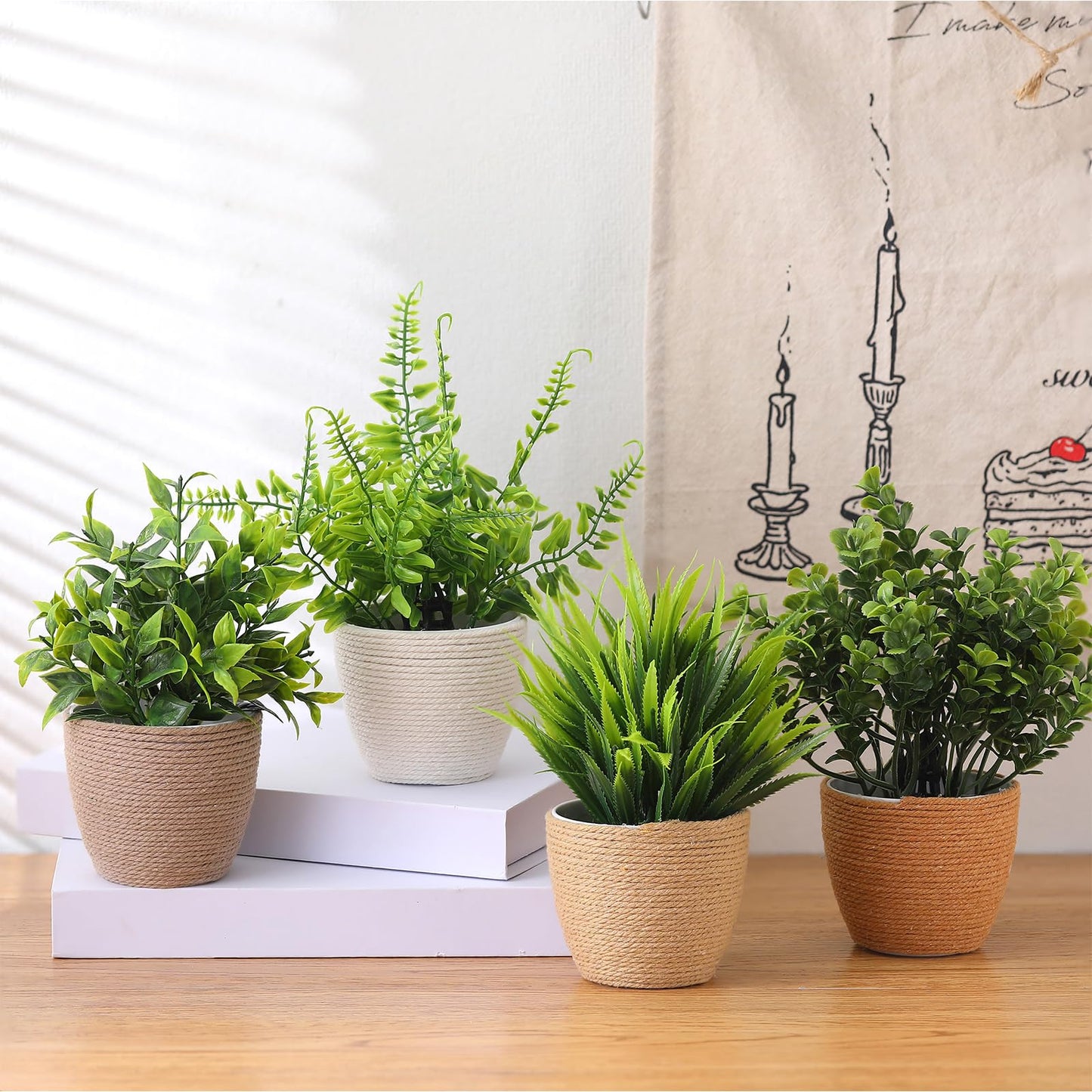Suncalla 4 Pcs Small Woven Artificial Plants Boho Potted Fake Plants Mini Plastic Faux Eucalyptus 8.7" Greenery Indoor Farmhouse Bathroom Decor Pflanze Waterproof for Home Office Table Room Decor Gift