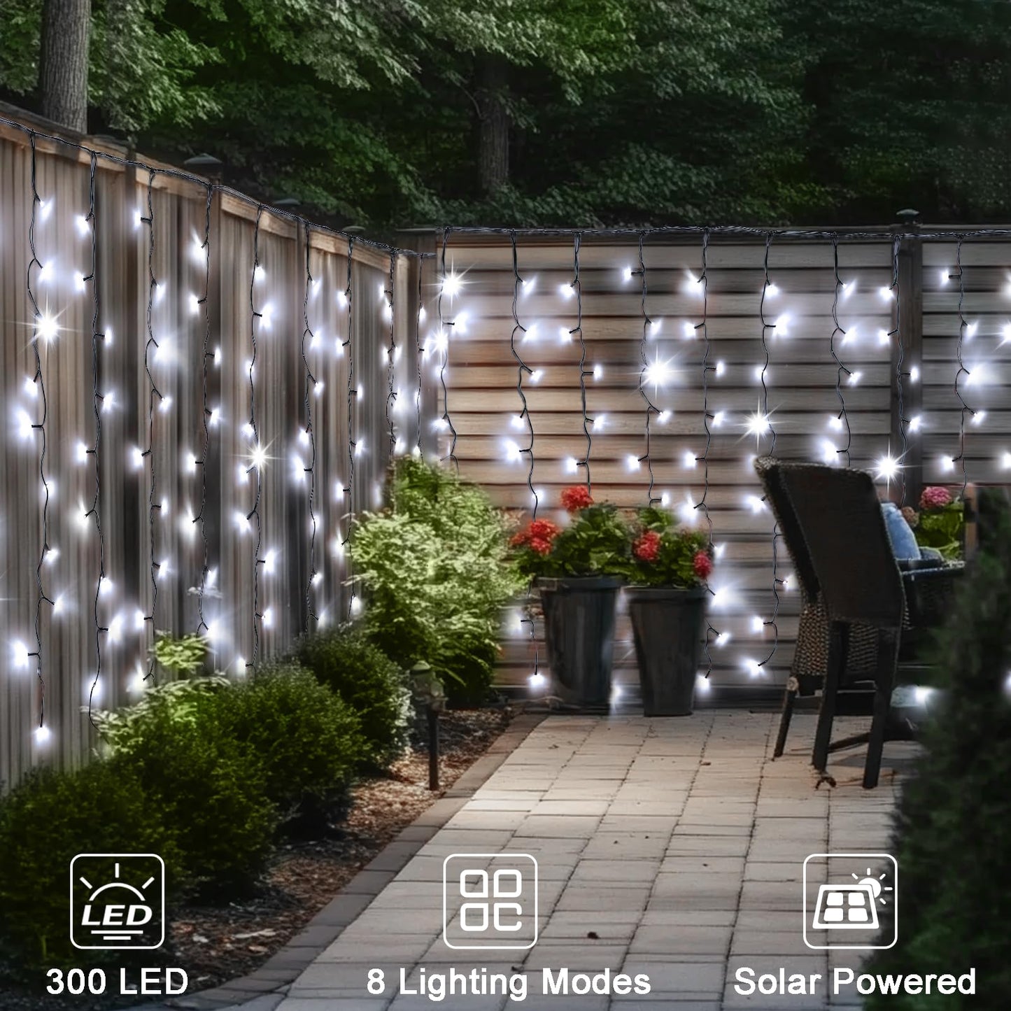 DBFAIRY Solar Curtain Lights,19.6ft x 3.3ft 300 LED Outdoor Christmas Solar Curtain Lights Waterproof Green Wire with 8 Mode for Garden Handrail Railing Eaves Wall Decoration -Cool White
