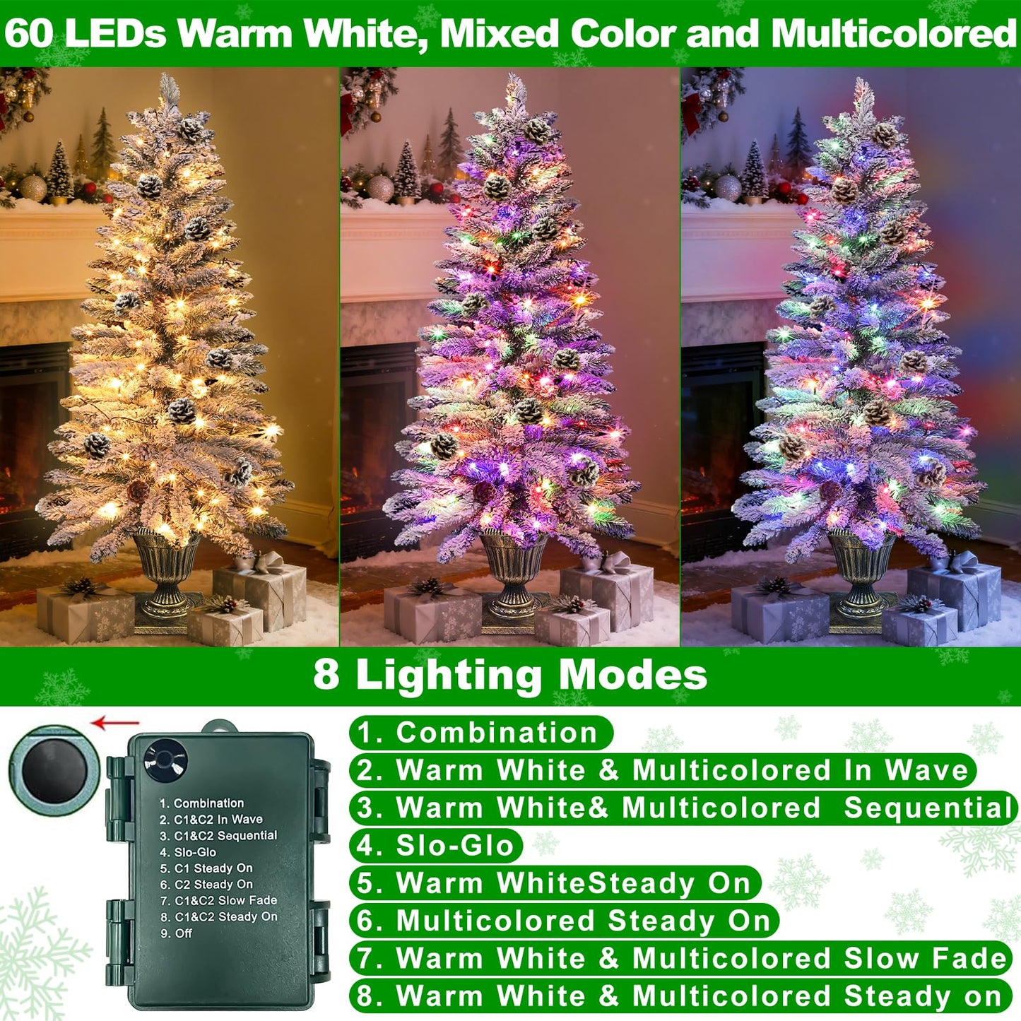 2 Pack 4 Ft Snow Flocked Christmas Entrance Tree in Pot Base with Timer 8 Mode 60 Warm White and Colorful Change Lights 12 Pine Cone Battery Operated for Porch Front Door Entryway Home