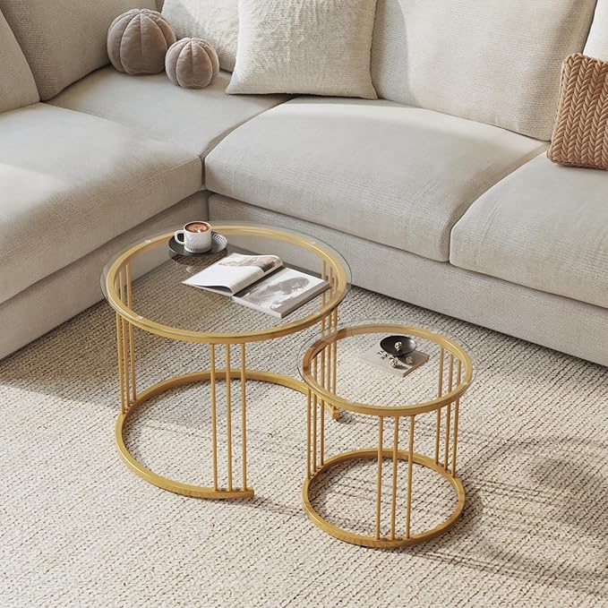 Garden 4 you Nesting Coffee Table, 23.6" Round Coffee Table Set of 2, Glass