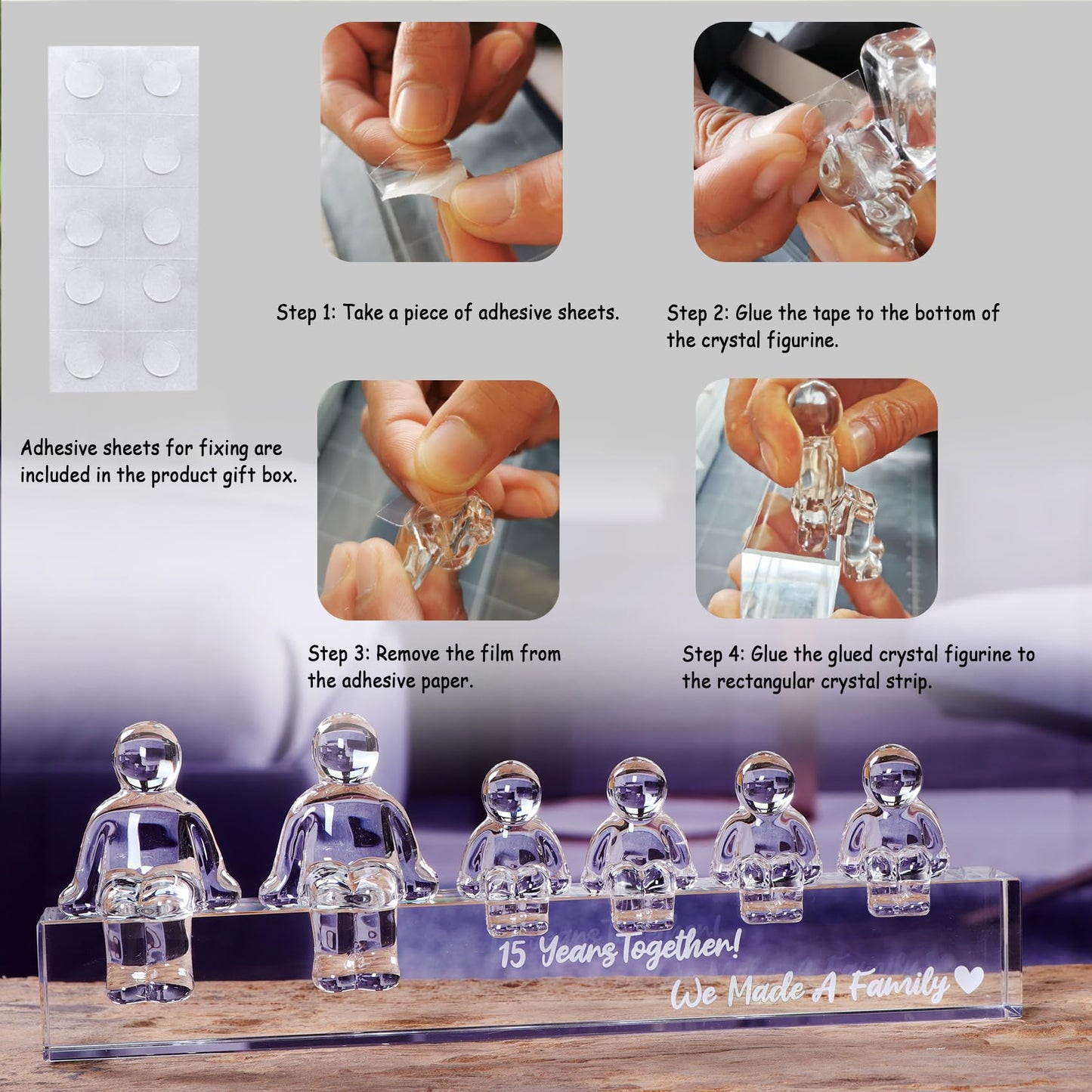 Crystal 15th Anniversary Wedding Gifts for Women, Her, Wife - 15 Year Anniversary Wedding Keepsake for Men, Him, Husband - 15 Years Together We Made A Family Keepsake Home Decor (4 Children)