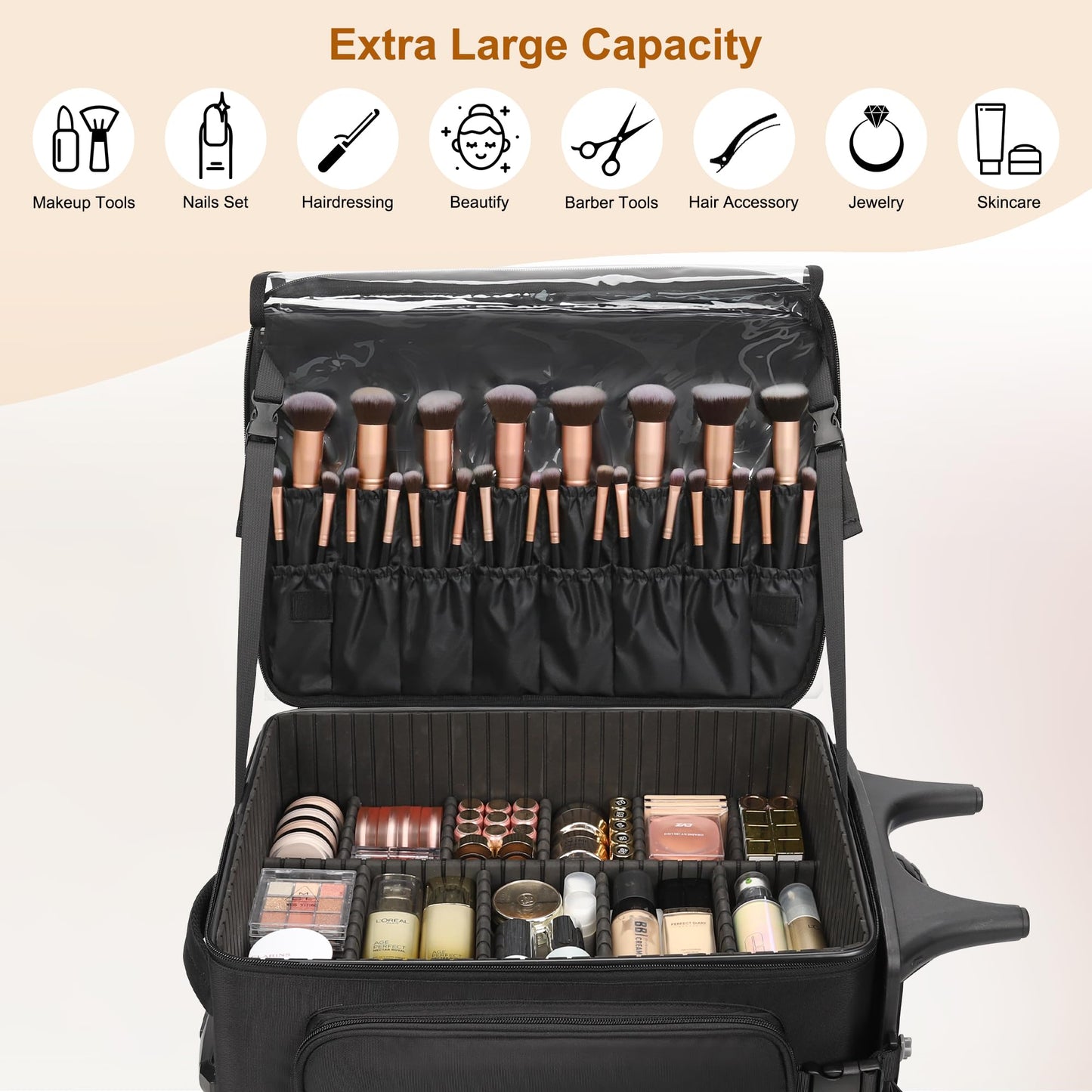 Relavel Rolling Makeup Case with Large Brush Bag, Professional Make Up Travel Organizer Bag with 2 big Wheels, Lockable Makeup Backpack with Adjustable Dividers for Makeup Artist - Black