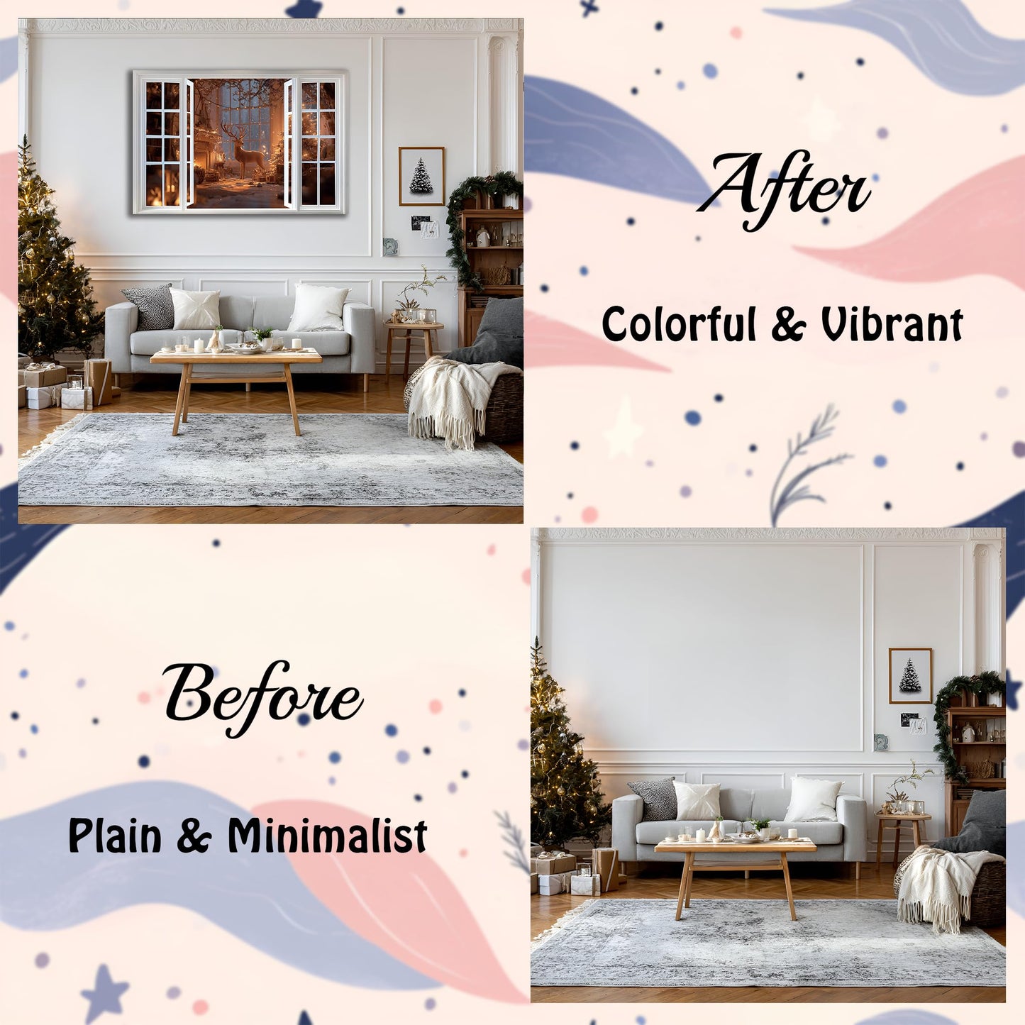 AMAZING WALL Christmas Reindeer Peel and Stick Fake Window Stickers Perfect for Bedroom/Office/Kids' Room Wall Decor,Removable and Self-Adhesive Wall Decals,24x36in/2PCS