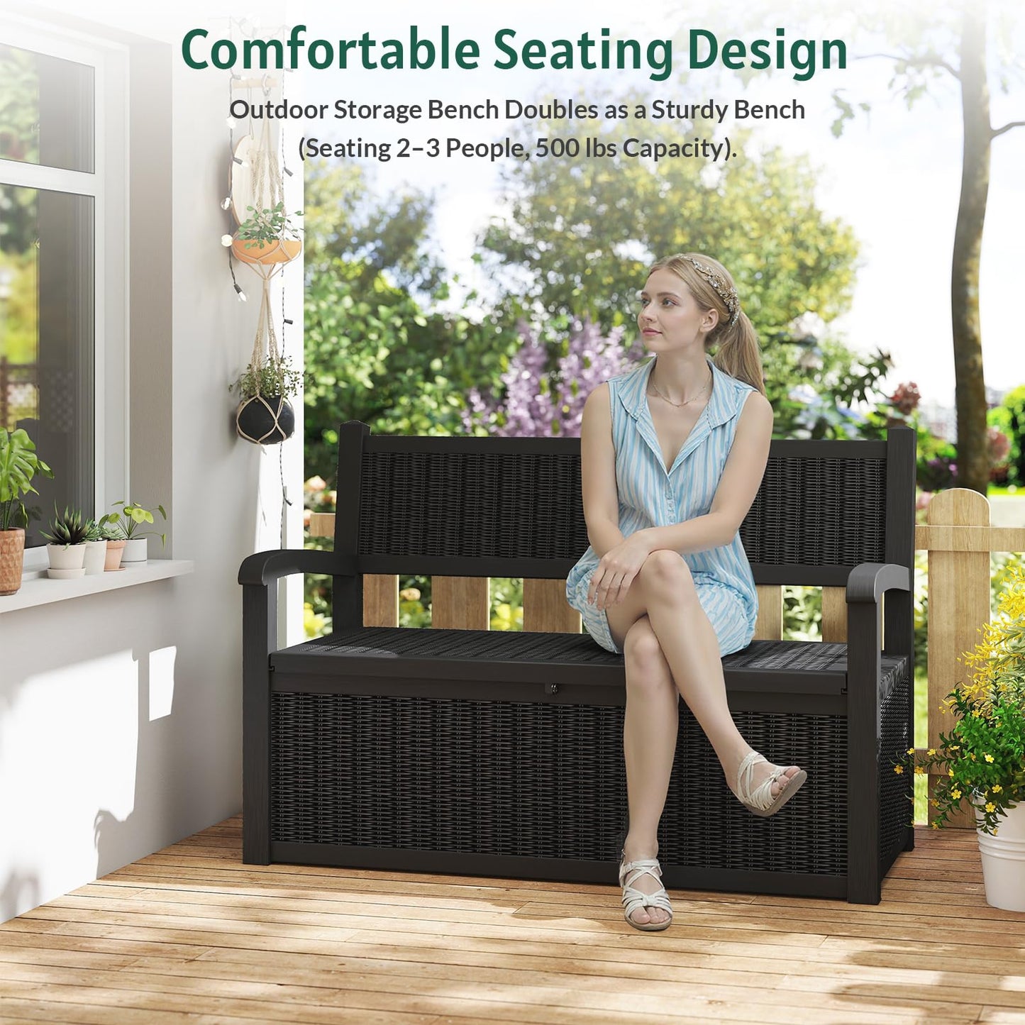 Skepphlay 70 Gallon Outdoor Storage Bench, Deck Box Bench with Armrest, Lockable Outside Benches with Storage, Deck Boxes Waterproof for Pool Patio Garden (Black)