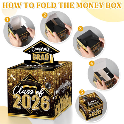 Graduation Money Box for Cash Gift Pull, Black Gold Money Pull Box Gift 2026 Grad Suprise, Funny Graduation Party Gift Pull Money Cash, Graduation Money Holder for Cash with Pull Out Card DIY Set