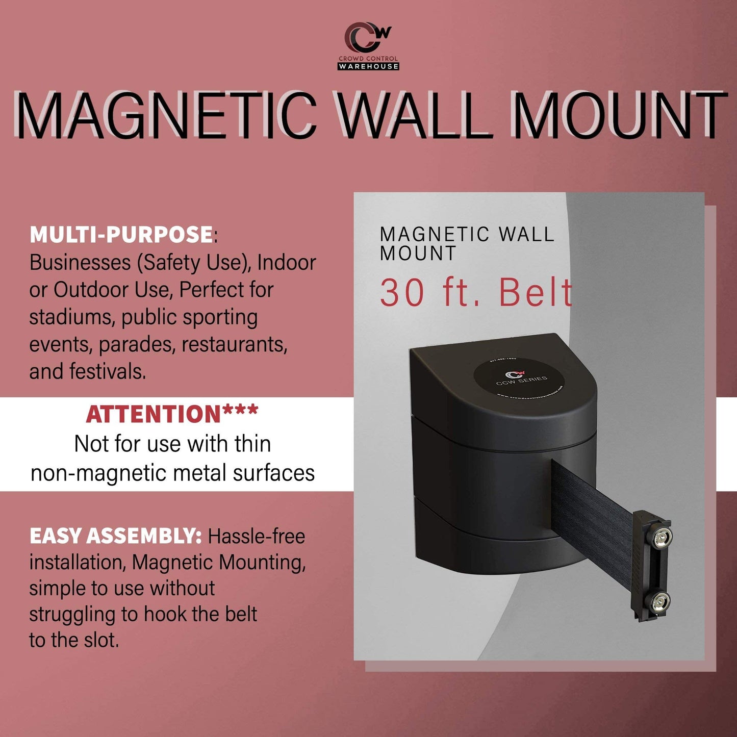 CCW Series WMB-230 Magnetic Wall Mount Retractable Belt Barrier (30 Foot Belt, Black and Yellow Diagonal Belt with Yellow ABS Case)
