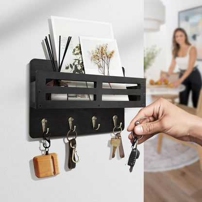 KISENG Key Holder Wall Mount, 10 inch Decorative Key and Mail Holder for Wall, with Mail Organizer & 4 Key Hooks, Rustic Wooden Key Rack for Hanging Dog Leash Sunglasses, Entryway Key Hanger, Black