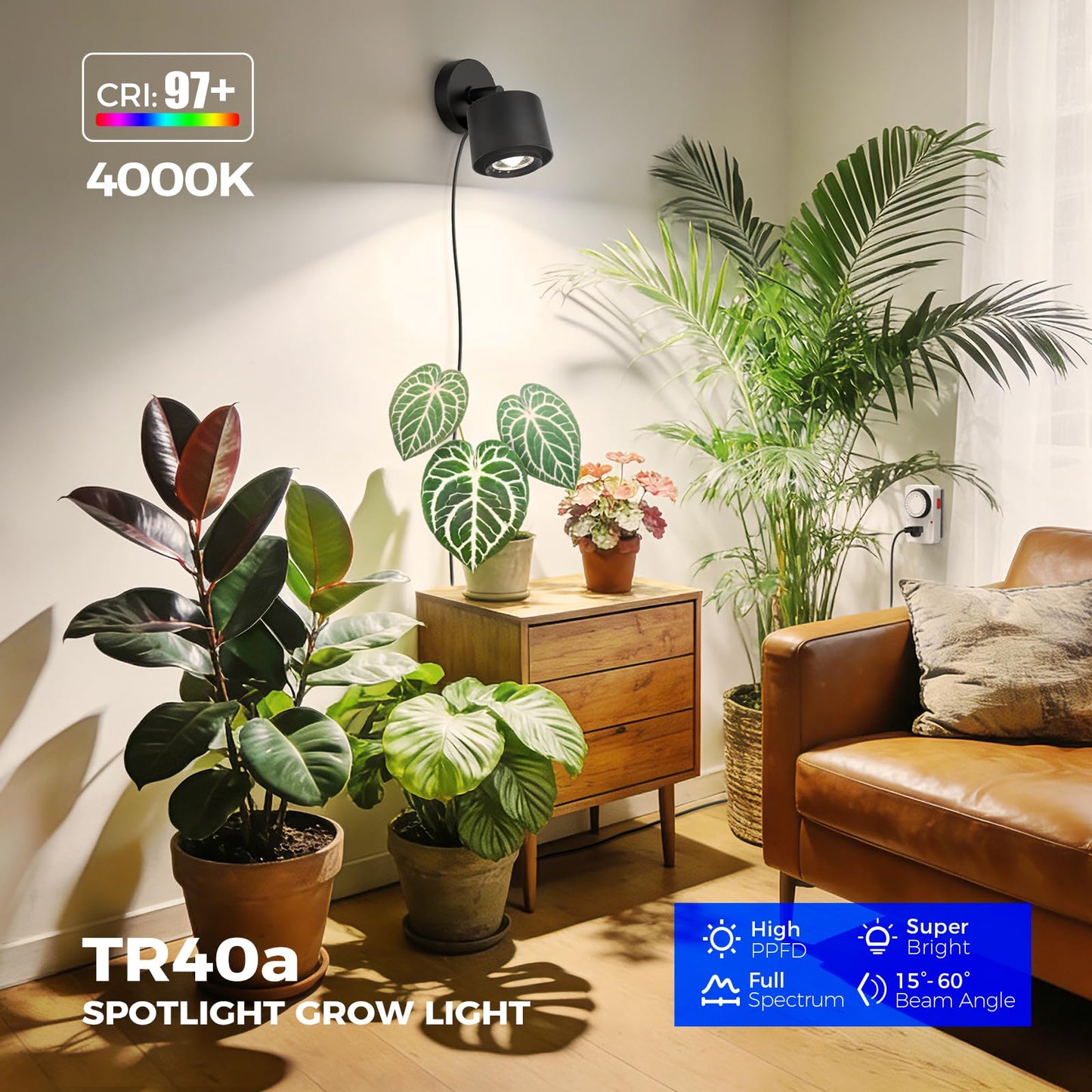 Barrina TR40a Track Grow Lights for Indoor Plants, 15°-60° Adjustable Beam Angle, 40W 4000K Full Spectrum LED Plant Light, High PPFD Spotlight Grow Lamps with Timer for House Plants, 1-Pack, Black