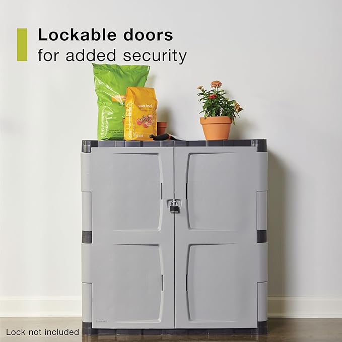 Rubbermaid Freestanding Storage Cabinet with Doors 18"D x 36"W x 37"H Medium Gray/Black Two-Shelf Lockable Cabinet for Indoor/Outdoor/Garage Storage for Garden Tools/Lawn Care Accessories