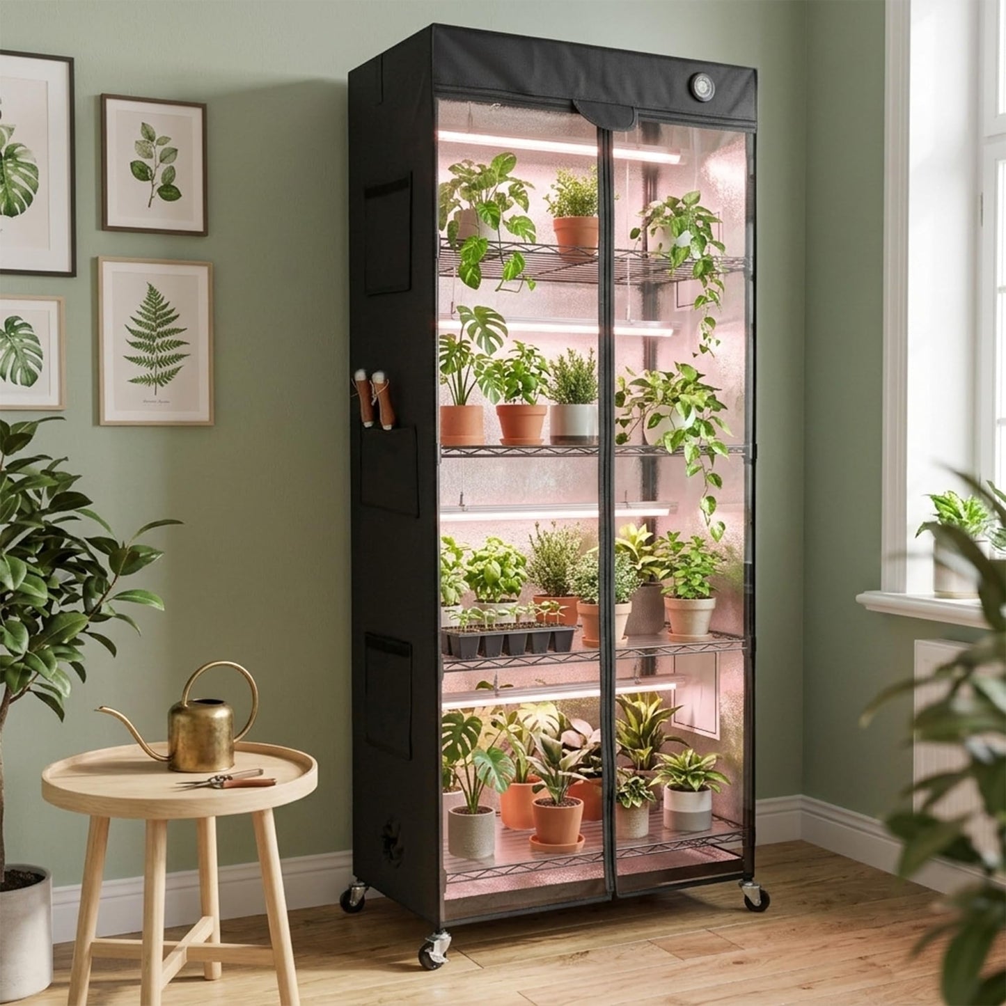 WORTH Mini Greenhouse with 18W T8 Grow Lights & Thermo-Hygrometer 27"x15"x70" Smart Indoor Grow Tent with Black Oxford Fabric Cover Plant Stand with Casters & Ventilation Flaps for Seed Starting