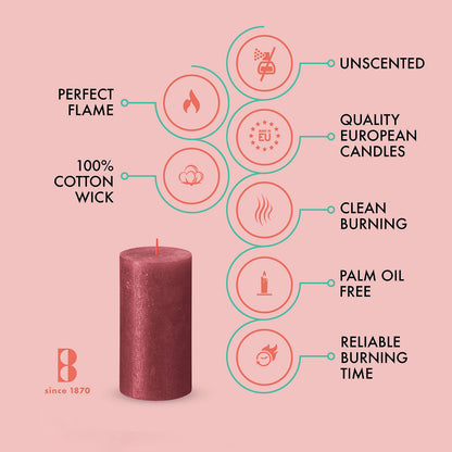 BOLSIUS Red Shimmer Metallic Pillar Candles 4 Pack - 2.75 X 5 Inches - Premium European Quality - Includes Natural Plant-Based Wax - Unscented Dripless Smokeless 60 Hour Party and Wedding Candles