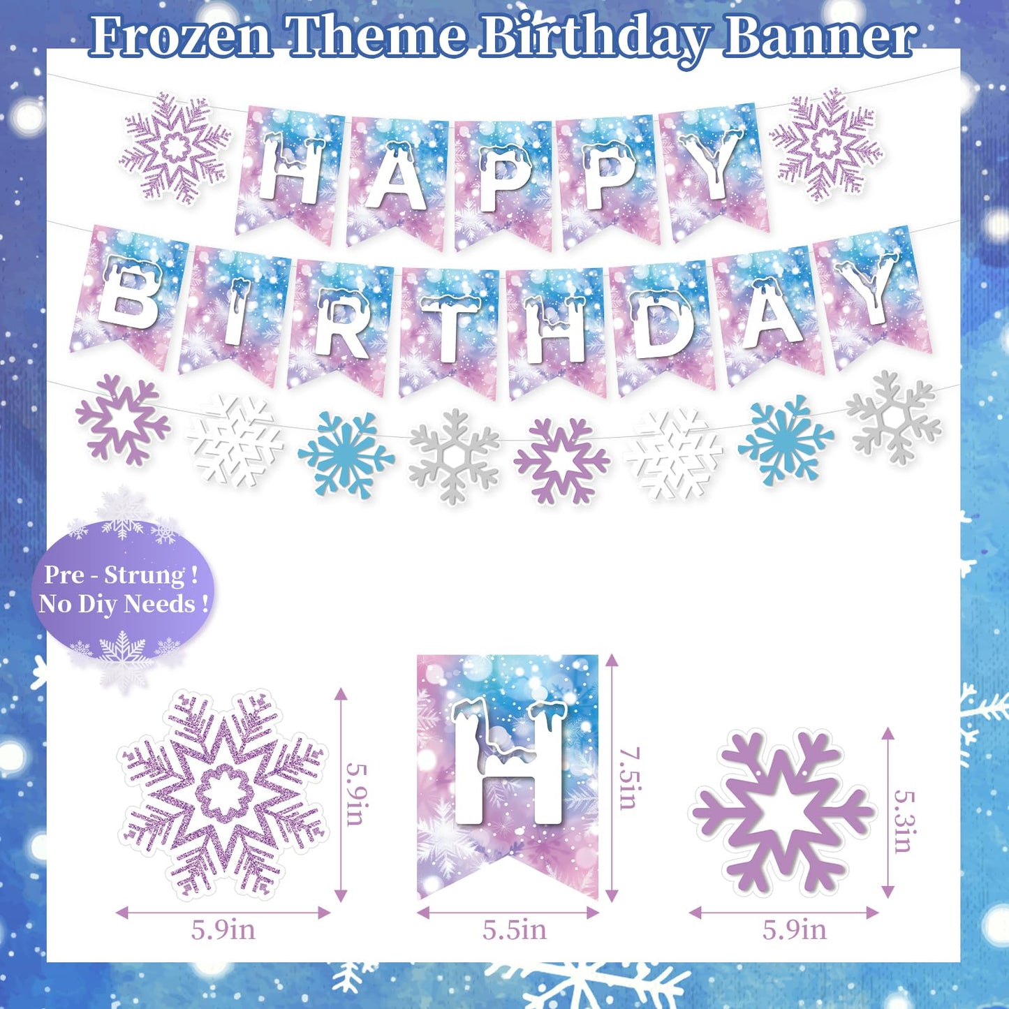 LakPty Frozen Party Decorations, Blue Purple White Snowflake Theme Birthday Decor Kit with Banner, Garlands, Cake Topper, Paper Fans, Tassels Decors for Boys Girls Winter Holiday Party Supplies