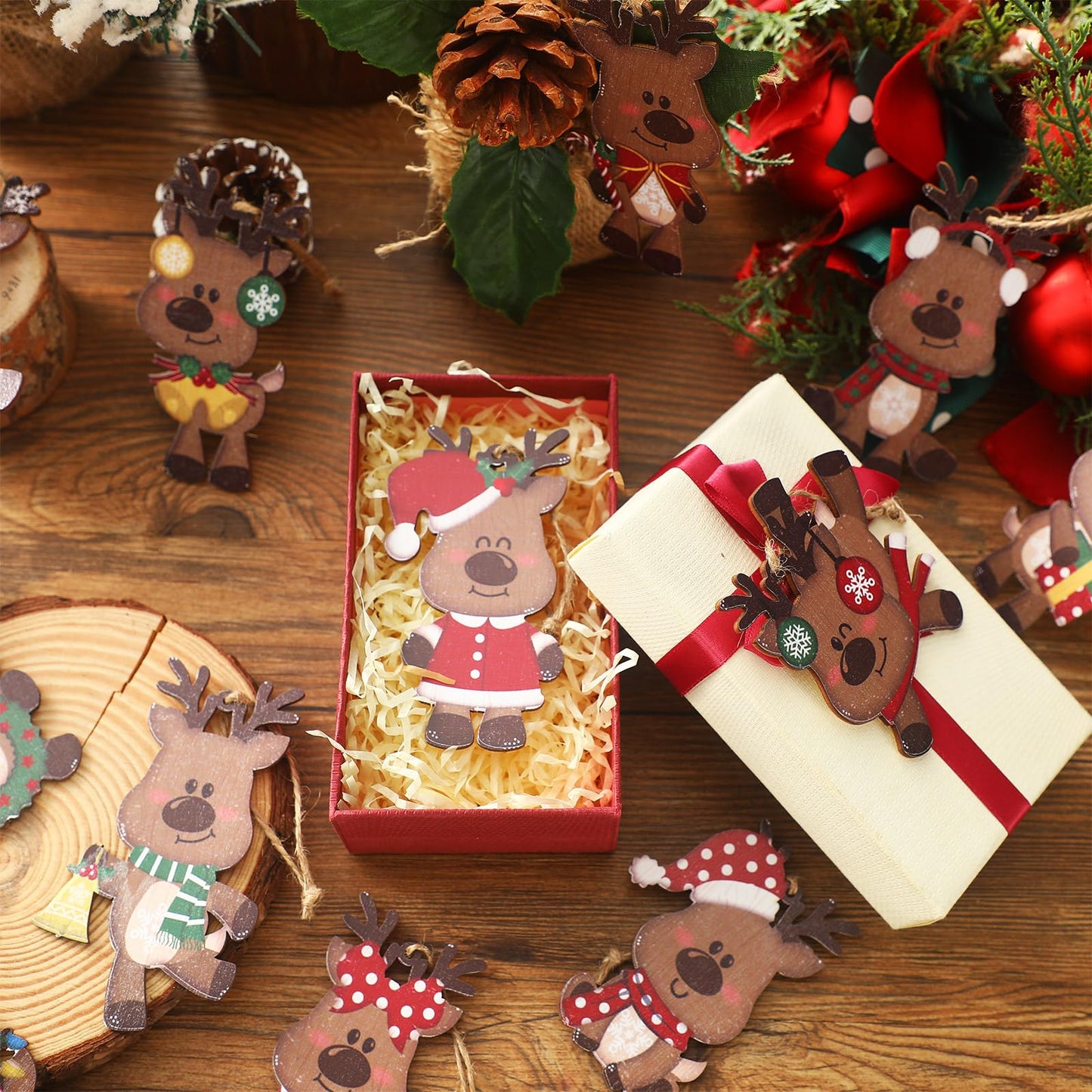 Barydat 36 Pcs Christmas Reindeer Ornaments for Tree Wooden Reindeer Christmas Hanging Decoration Set for Xmas Winter Tree Hanging Crafts Holiday Decor Xmas Party Supplies