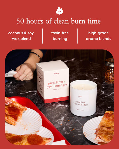 Literie NYC Inspired Scented Candle: Pizza from a Guy Named Joe - Tomato & Basil Scent, 9oz, 50 Hour Burn, Vegan Soy & Coconut Blend Candle for Home Decor, Gift for Women & Men