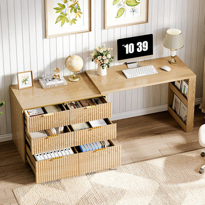 Ieejdn L Shaped Expandable Desk,47" Home Office Desks, Executive, Farmhouse Computer Desk with 6 Drawers File Drawer, Rustic Computer Writing, Oak