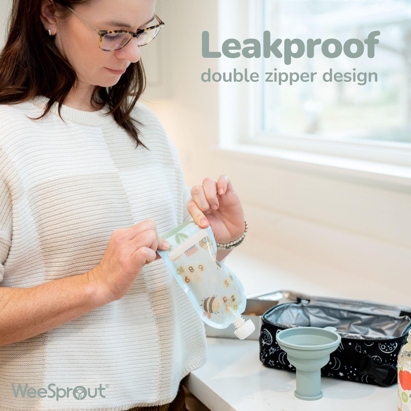 WeeSprout Double Zipper Reusable Food Pouches, Perfect for Babies & Toddlers, Freezer & Dishwasher Safe (Animals, 6 Piece Assortment)