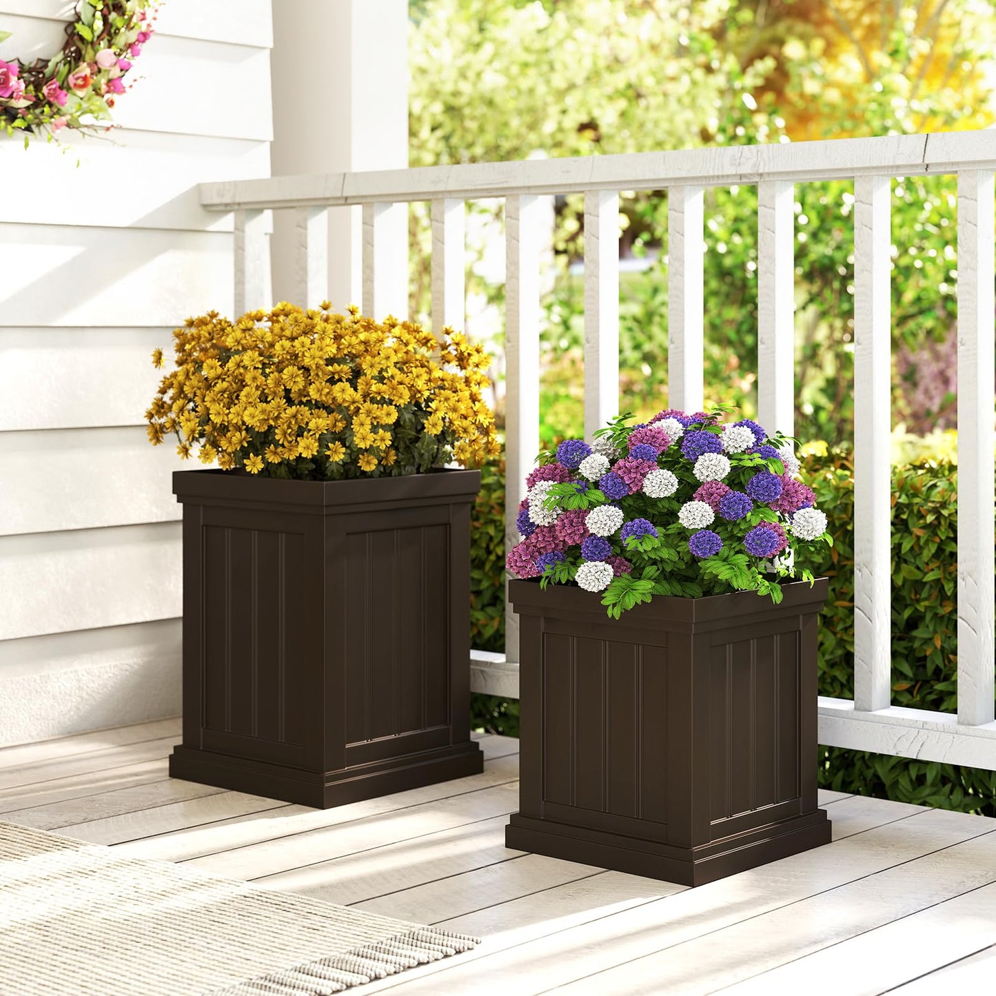 Giantex Square Plastic Planters Set of 2, 19" Large & 13” Small Flower Pots with/Drainage Holes & Nesting Design, Indoor Outdoor Decorative Plant Containers for Front Porch Home Garden Patio (Brown)