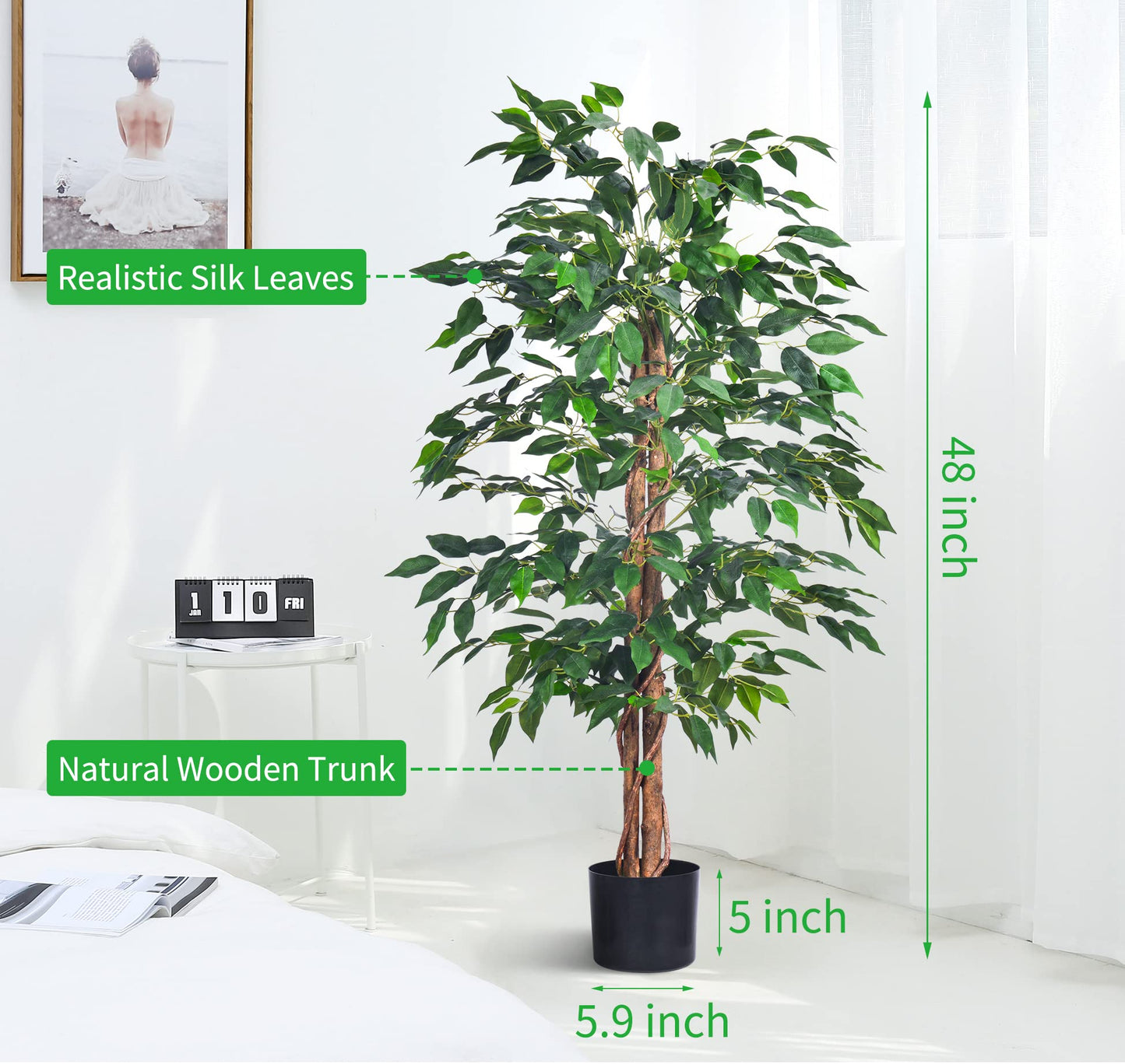 HAIHONG Artificial Ficus Tree 4FT Faux Silk Plants with Sturdy Plastic Nursery Pot,Fake Ficus Trees for Home Office Farmhouse Indoor Outdoor Decor Perfect Housewarming Gift (4FT-1Pack)