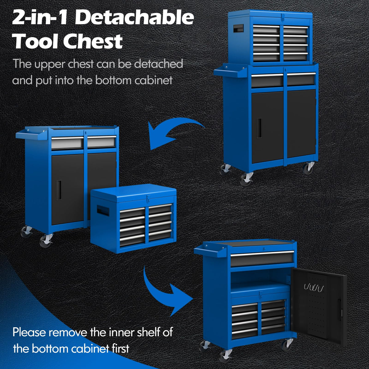 Goplus Tool Chest, 5-Drawer Rolling Cabinet with Detachable Top Toolbox, Lockable Wheels, Lock Bar, Protective Liner & Tool Rack, Metal Storage Cart for Garage Workshop