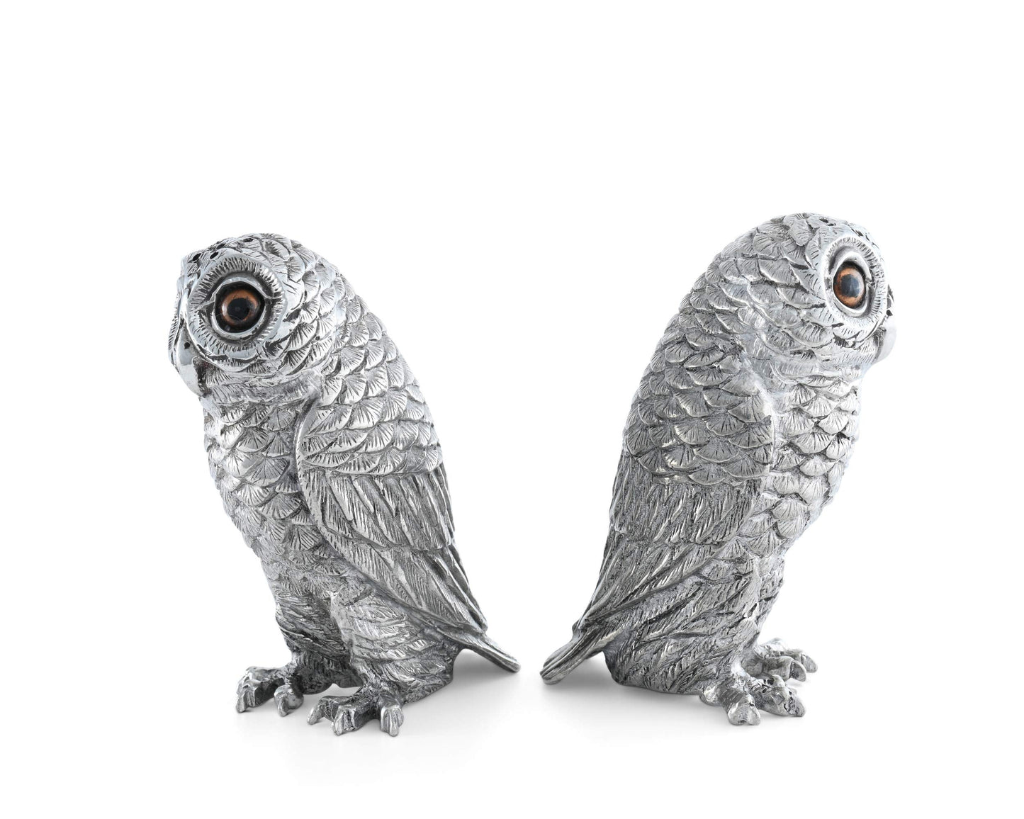 Vagabond House Pewter Metal Owl Salt and Pepper Shaker Set with Hand-Painted Eyes Thanksgiving Harvest Table 3.75 inch Tall