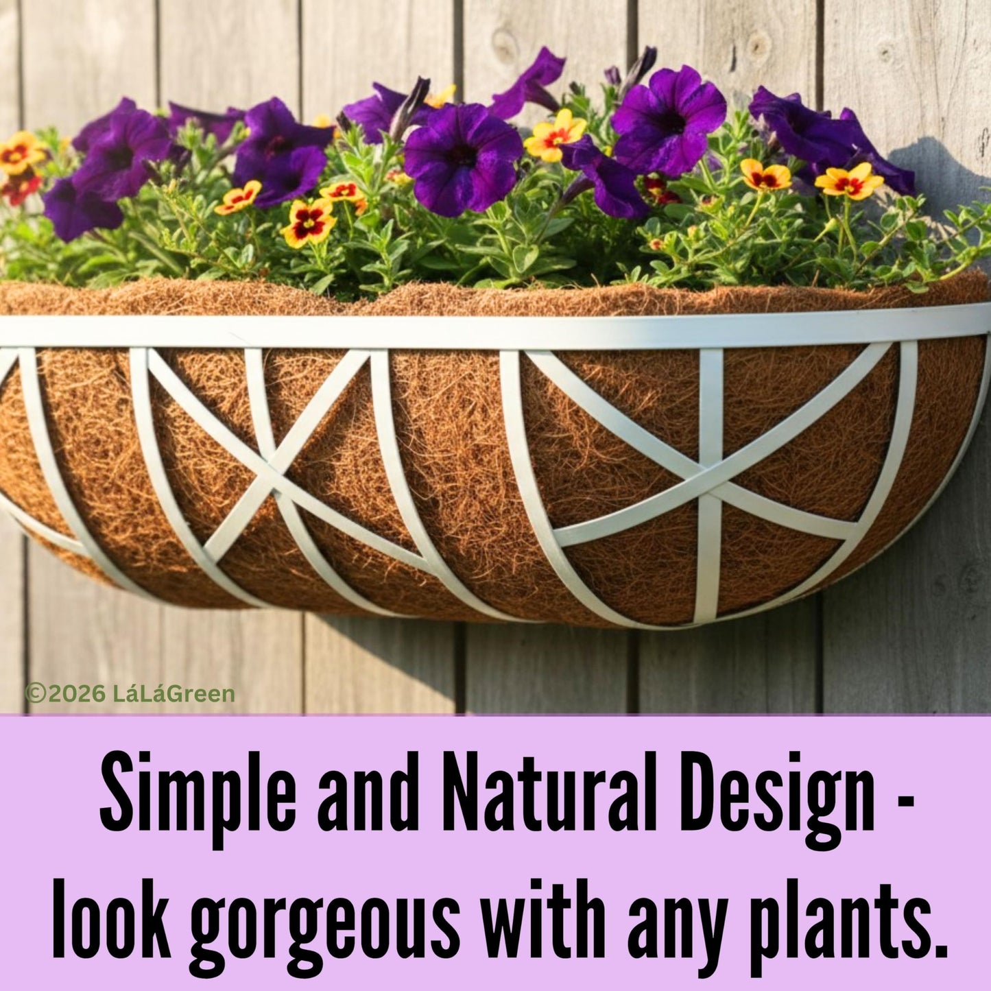 LaLaGreen 30 Inch, 2 Pack White Metal Window Planters-Wall Mount Flower Pots for Outdoor with Coco Coir Liner, Attach to House Flower Boxes Hanging Walls Plant Holders for Fence Balcony Porch, Patio