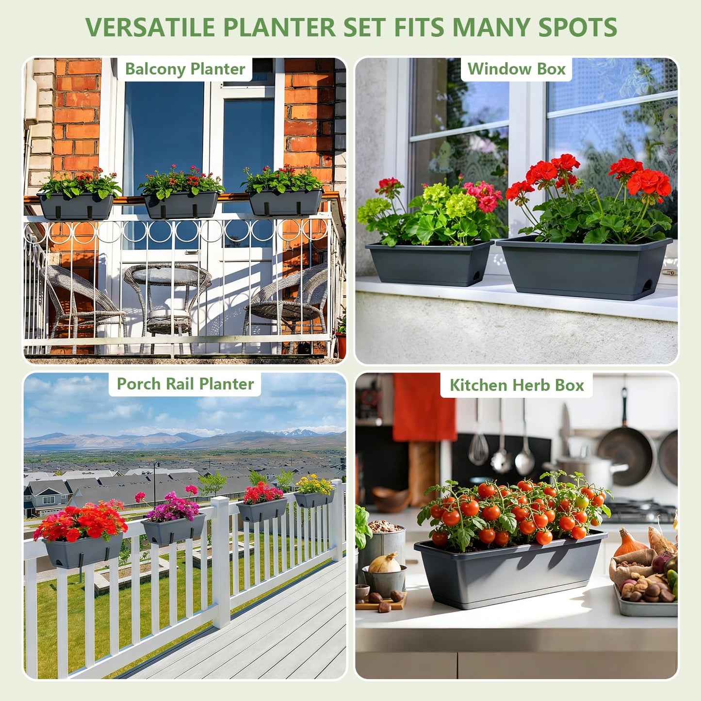 OYEAL Deck Railing Planter Box 4 Pack Window Boxes Planters with Adjustable Brackets, 17 Inch Hanging Flower Pots for Plants for Front Porch, Garden Fence, Apartment Patio Balcony Decor, Grey